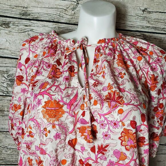 Knox Rose Top Women's XXL Floral Multicolor Print Tie Front Peasant Smocked NWT - Picture 2 of 10
